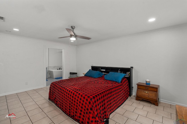 tiled bedroom featuring connected bathroom, ceiling fan, and crown molding