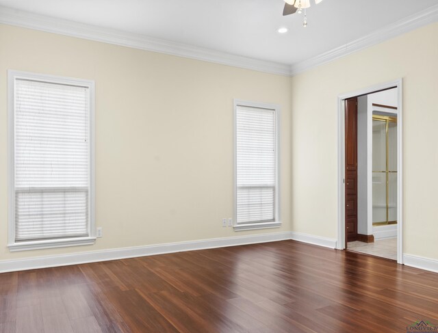 5908 Regents Row, Tyler, TX 75703 - spare room with dark wood-type flooring, ceiling fan, crown molding, baseboards, and recessed lighting