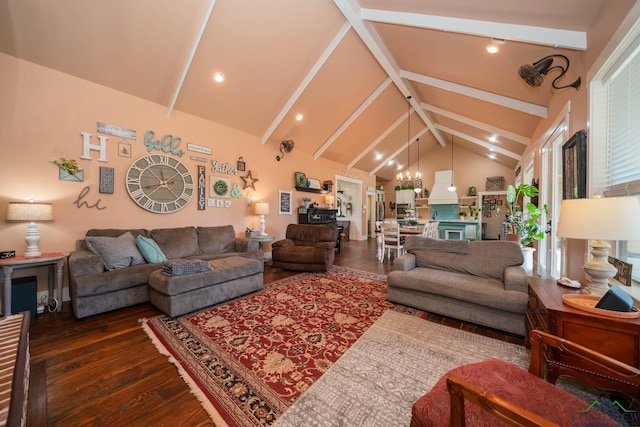 living room with beam ceiling, dark hardwood / wood-style flooring, high vaulted ceiling, and a chandelier