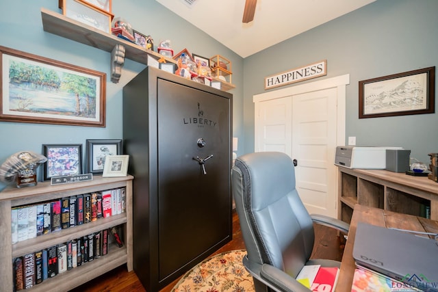 office area with ceiling fan and dark hardwood / wood-style flooring