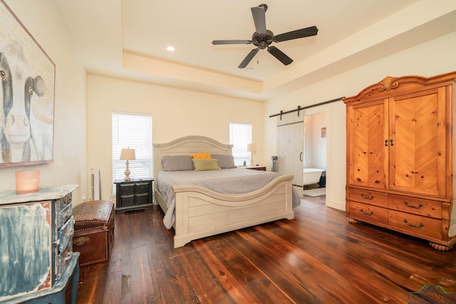 bedroom with a raised ceiling, a barn door, ceiling fan, and dark hardwood / wood-style flooring