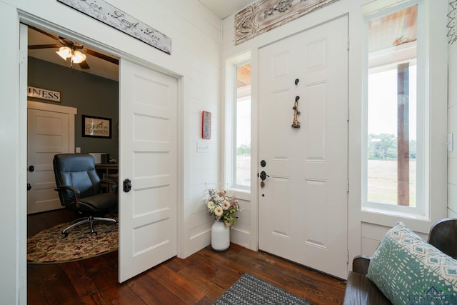 entrance foyer with ceiling fan and dark wood-type flooring