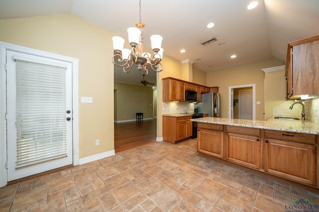 kitchen featuring black microwave, a sink, visible vents, vaulted ceiling, and stainless steel refrigerator with ice dispenser