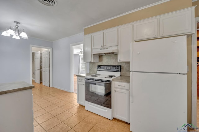 kitchen with white cabinets, a notable chandelier, and white appliances