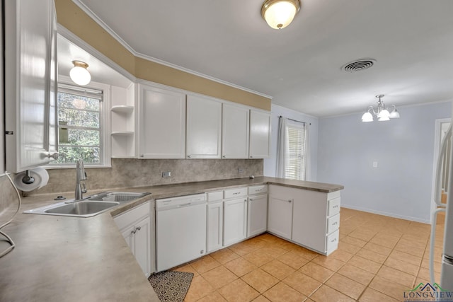 kitchen with dishwasher, sink, hanging light fixtures, kitchen peninsula, and white cabinets