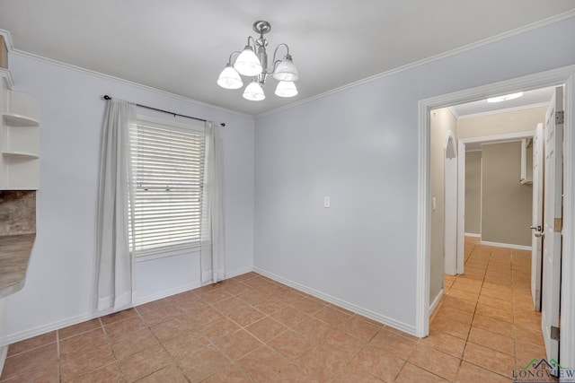 unfurnished dining area with light tile patterned floors, an inviting chandelier, and ornamental molding