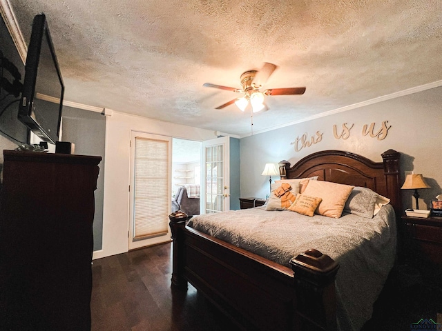 8227 N Kings Hwy, Texarkana, TX 75503 - bedroom featuring ornamental molding, dark wood-type flooring, a textured ceiling, and ceiling fan
