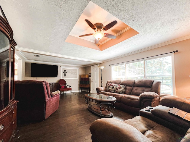 8227 N Kings Hwy, Texarkana, TX 75503 - living room featuring a textured ceiling, dark wood finished floors, ceiling fan, and ornamental molding
