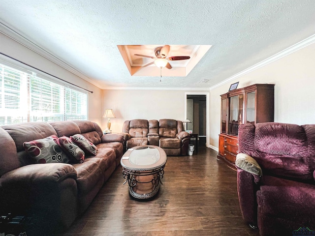 8227 N Kings Hwy, Texarkana, TX 75503 - living room with a skylight, dark wood finished floors, a textured ceiling, ceiling fan, and ornamental molding