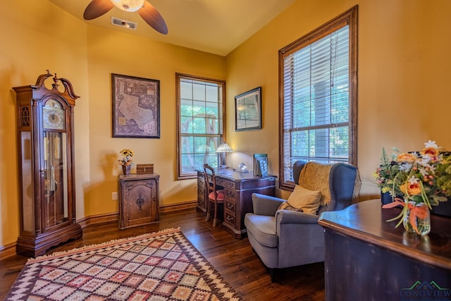 sitting room featuring dark hardwood / wood-style flooring and ceiling fan