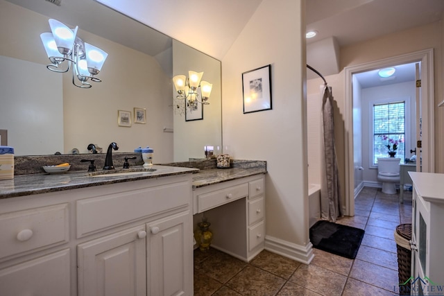 full bathroom with shower / tub combo, vaulted ceiling, an inviting chandelier, tile patterned flooring, and toilet