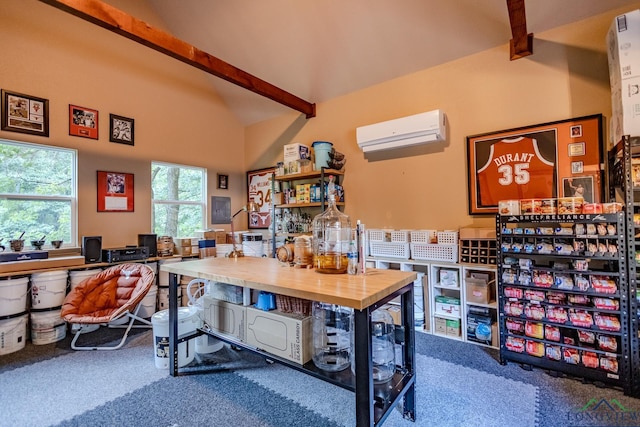 carpeted office featuring beam ceiling, a wall unit AC, and high vaulted ceiling