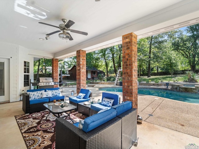 view of patio / terrace with an outdoor living space, a grill, area for grilling, and ceiling fan