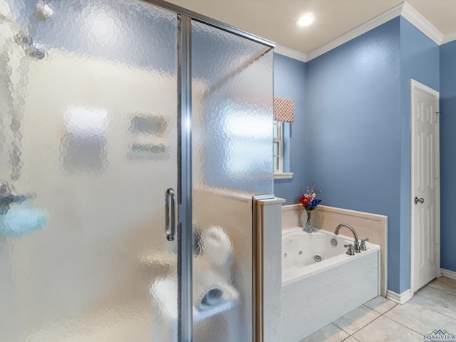 bathroom with plus walk in shower, tile patterned floors, and crown molding