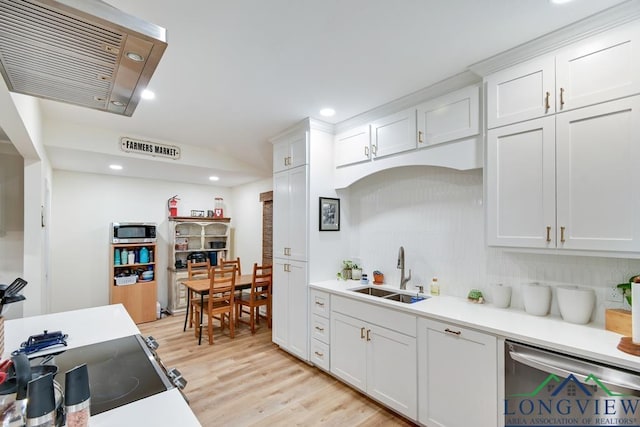 kitchen featuring stainless steel appliances, light hardwood / wood-style floors, sink, and white cabinets