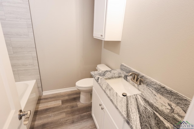 bathroom with vanity, wood-type flooring, and toilet