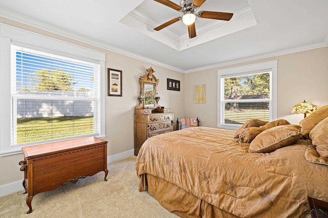 carpeted bedroom featuring a tray ceiling, multiple windows, ceiling fan, and ornamental molding