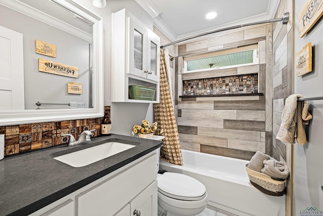 full bathroom featuring toilet, vanity, shower / bath combo, and ornamental molding