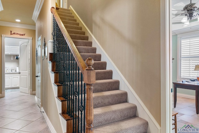 stairway with recessed lighting, baseboards, crown molding, and tile patterned floors