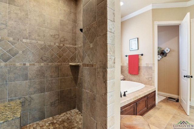 full bath with baseboards, a tile shower, a bath, and crown molding