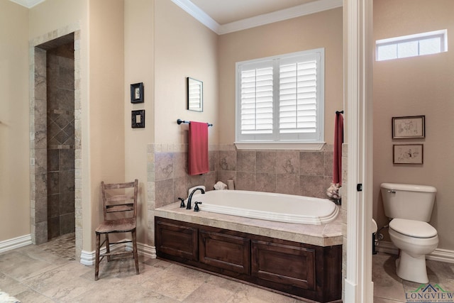 bathroom featuring a garden tub, crown molding, toilet, a walk in shower, and baseboards