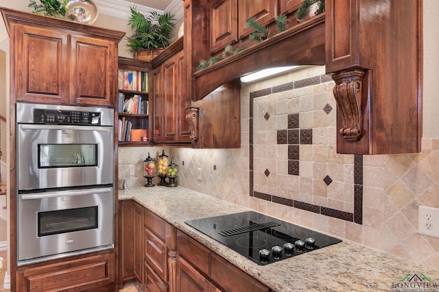 kitchen featuring double oven, black electric cooktop, ornamental molding, decorative backsplash, and open shelves