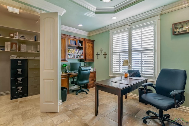 office space featuring recessed lighting and crown molding