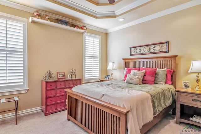 bedroom with carpet floors, baseboards, and ornamental molding