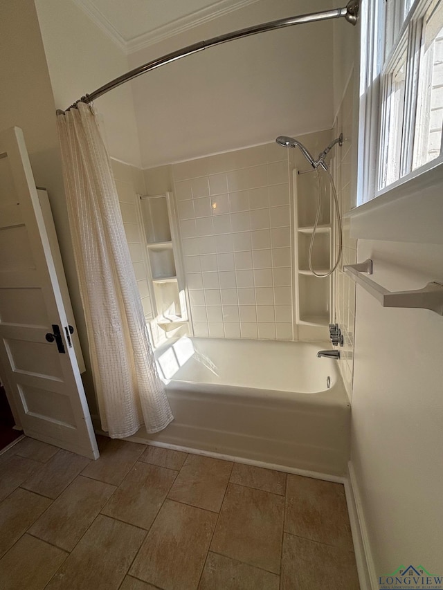 bathroom with tile patterned floors and shower / bath combo