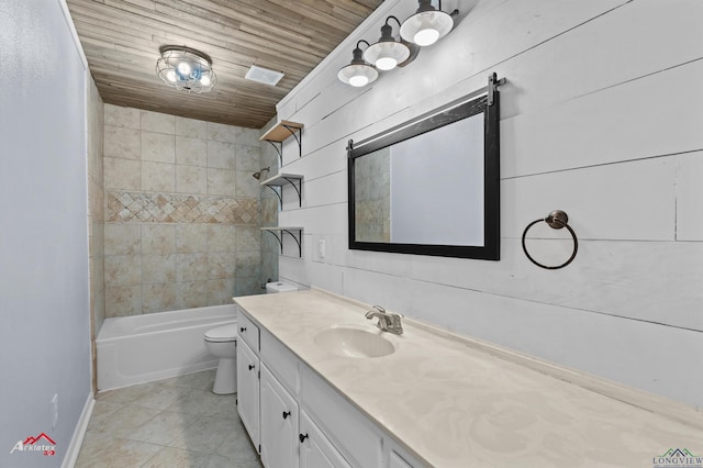 full bathroom featuring vanity, wood ceiling, tiled shower / bath combo, and toilet