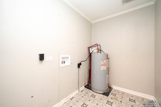 169 Hidden Frst, Longview, TX 75605 - laundry room featuring electric water heater, hookup for a washing machine, ornamental molding, baseboards, and light floors