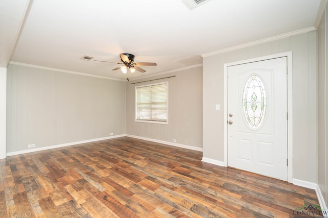 169 Hidden Frst, Longview, TX 75605 - entryway featuring ceiling fan, dark wood-style flooring, crown molding, healthy amount of natural light, and baseboards