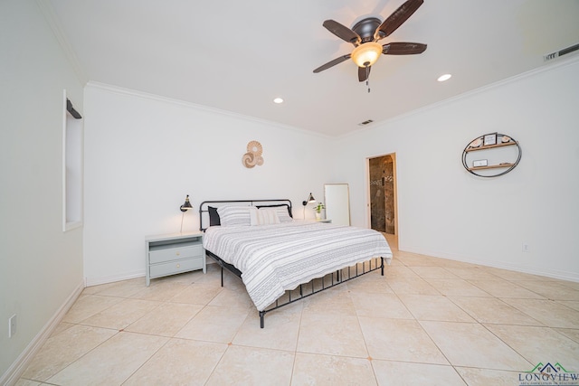 bedroom featuring light tile patterned floors, visible vents, baseboards, and crown molding