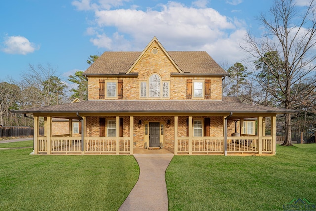 farmhouse-style home featuring brick siding, roof with shingles, and a front yard