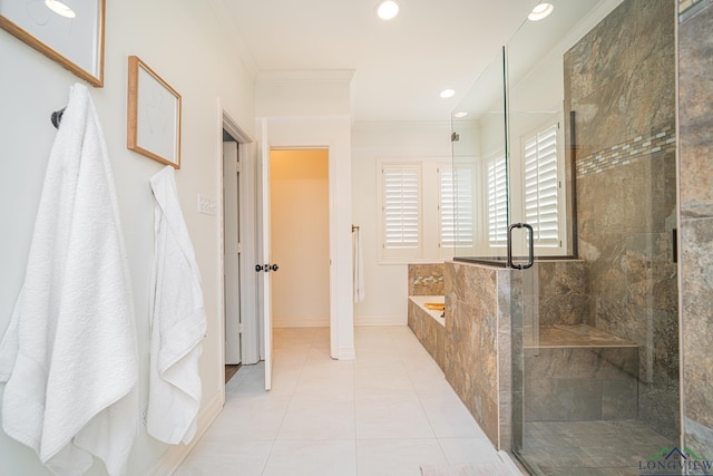 full bathroom with a garden tub, recessed lighting, a shower stall, crown molding, and tile patterned floors