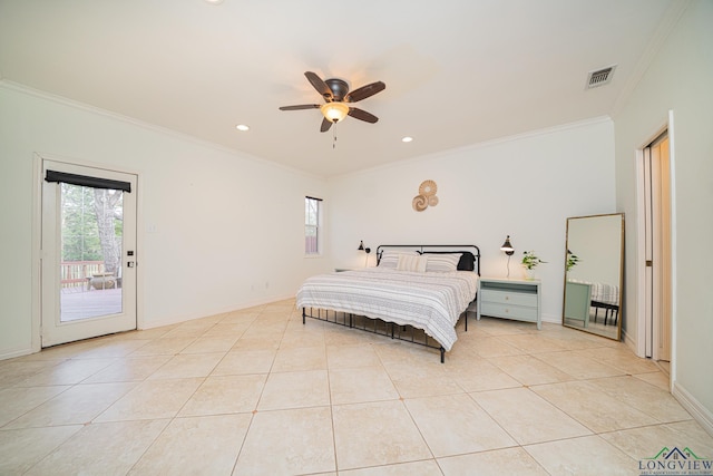 bedroom with access to exterior, light tile patterned floors, crown molding, and baseboards