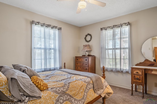 2574 County Road 3412, Chandler, TX 75758 - bedroom featuring carpet flooring, multiple windows, a textured ceiling, ceiling fan, and baseboards