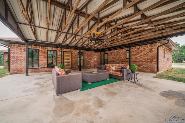 view of patio with ceiling fan and an outdoor hangout area