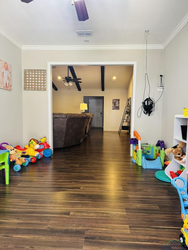 505 Timberdale, Kilgore, TX 75662 - playroom featuring a ceiling fan, crown molding, and wood finished floors