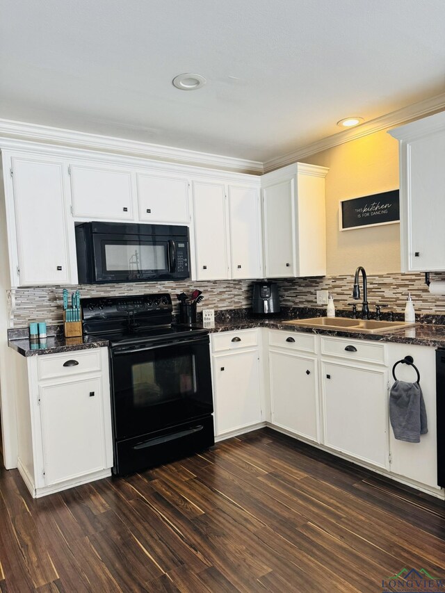 505 Timberdale, Kilgore, TX 75662 - kitchen with black appliances, decorative backsplash, a sink, white cabinetry, and crown molding
