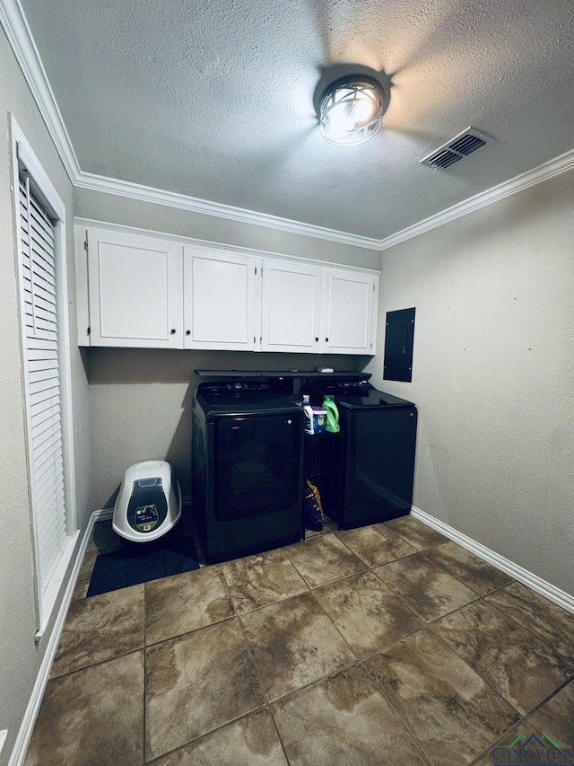 505 Timberdale, Kilgore, TX 75662 - laundry room with electric panel, ornamental molding, a textured ceiling, baseboards, and washer and dryer