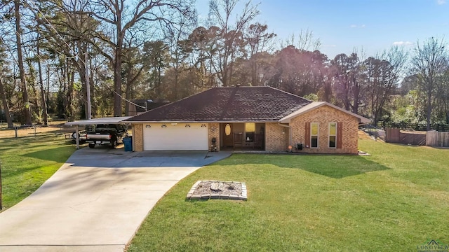 ranch-style home featuring a garage, a carport, and a front yard