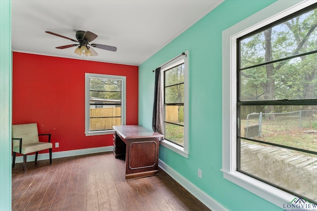 home office with plenty of natural light, dark hardwood / wood-style floors, and ceiling fan