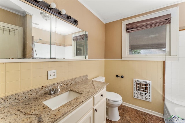 bathroom featuring a washtub, tile walls, heating unit, vanity, and toilet