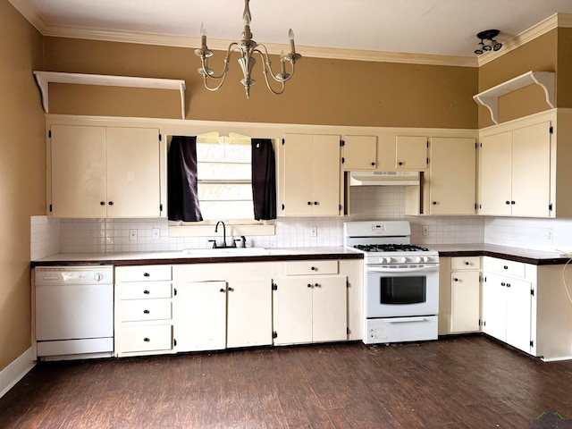 kitchen featuring dark hardwood / wood-style floors, ornamental molding, sink, and white appliances