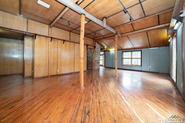 interior space with wood-type flooring, wooden walls, rail lighting, and wooden ceiling