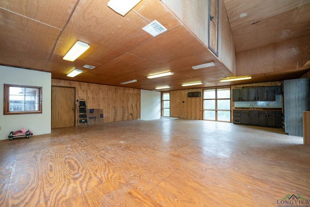 interior space featuring wood walls, sink, and wood ceiling