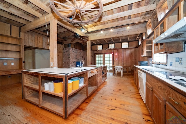 kitchen with white dishwasher, light hardwood / wood-style floors, ceiling fan, and wood ceiling