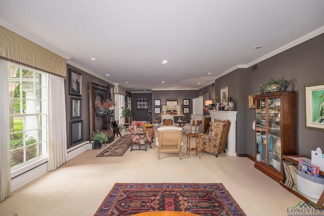 2003 Broadway Blvd, Kilgore, TX 75662 - living area featuring ornamental molding, carpet floors, healthy amount of natural light, and recessed lighting