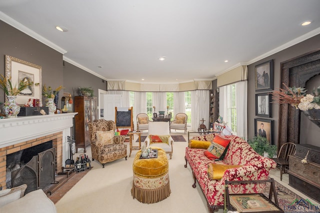 2003 Broadway Blvd, Kilgore, TX 75662 - living room with a brick fireplace, crown molding, and recessed lighting